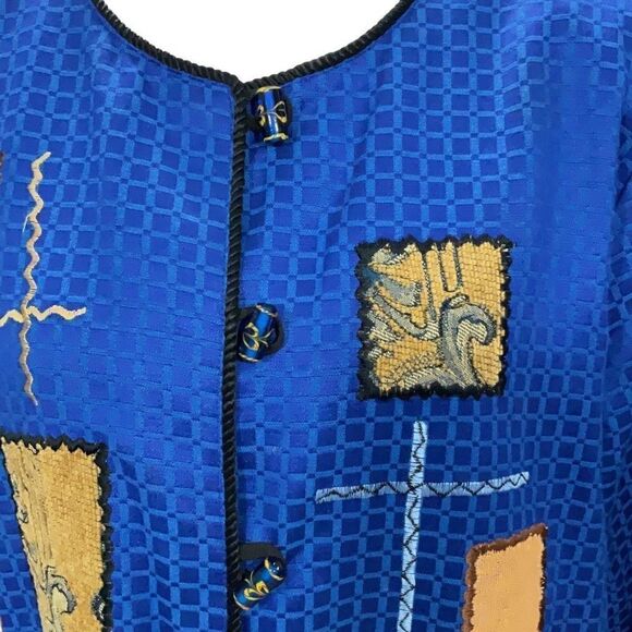 VTG Julia Ku Blue Patchwork Barrel Buttons Long Sleeve Shoulder Pads Jacket Sz L - Picture 2 of 5